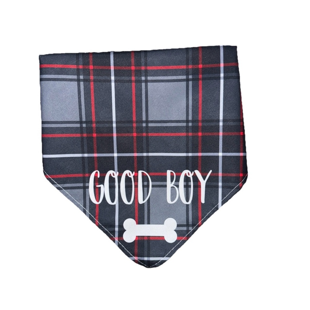 Pet Bandana Plaid Navy/Gray/Red with Caption “Good Boy" OS